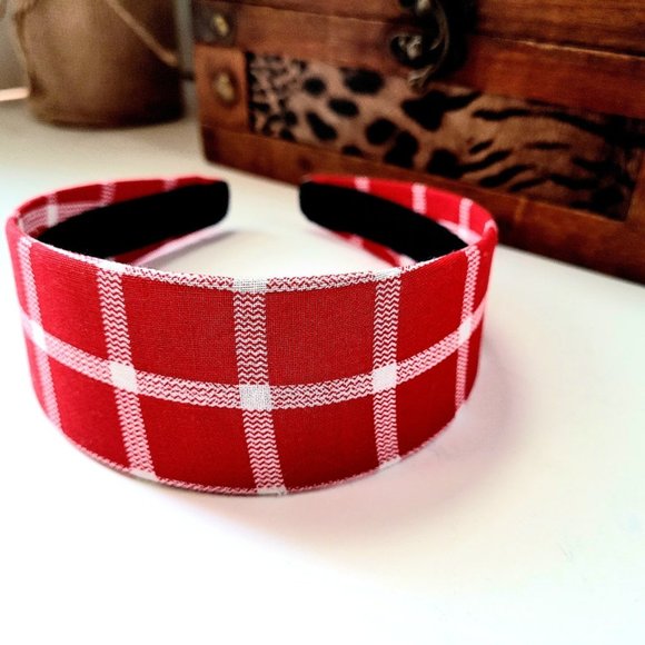 RED WHITE PLAID HEADBAND 2 INCH - Picture 1 of 3